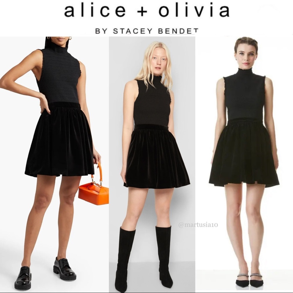 ALICE + OLIVIA Barrett Smocked Velvet Mini Dress in Black 0 NWT 495$